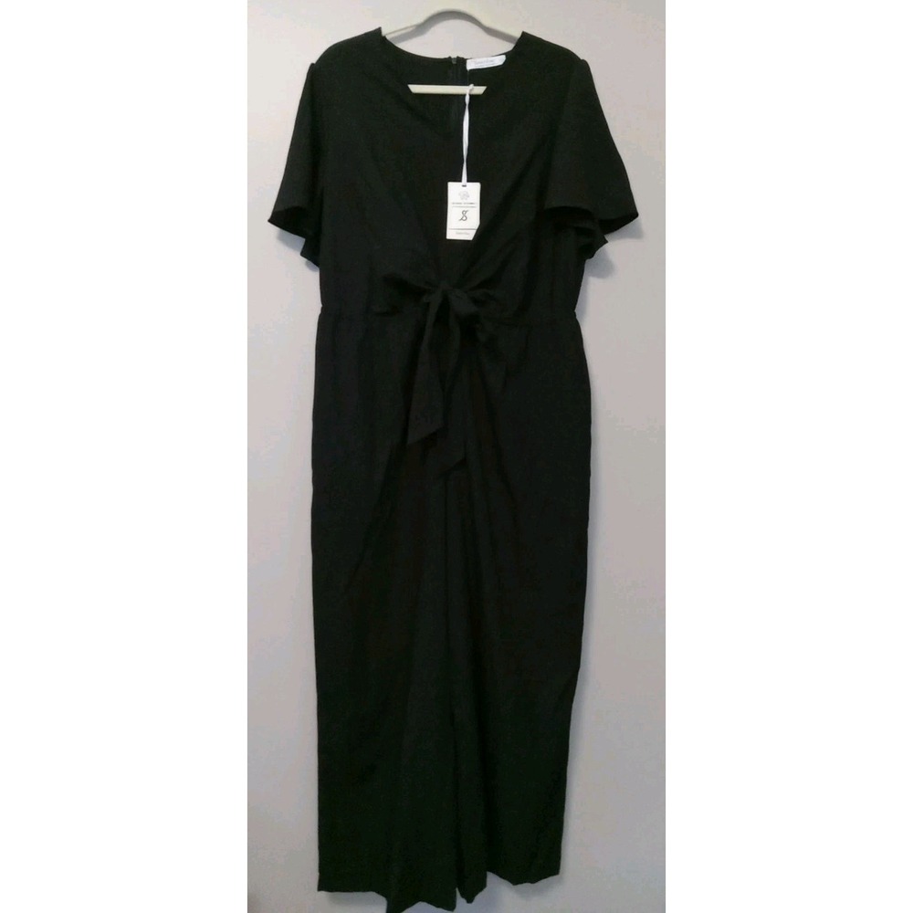 Jasambac Women Black Front Tie Elastic Waist Wide Leg Ankle Romper Size 2xl